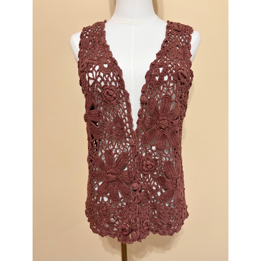 One Step Up Brown Vintage Hand Crocheted Floral Vest Women One Size Excellent